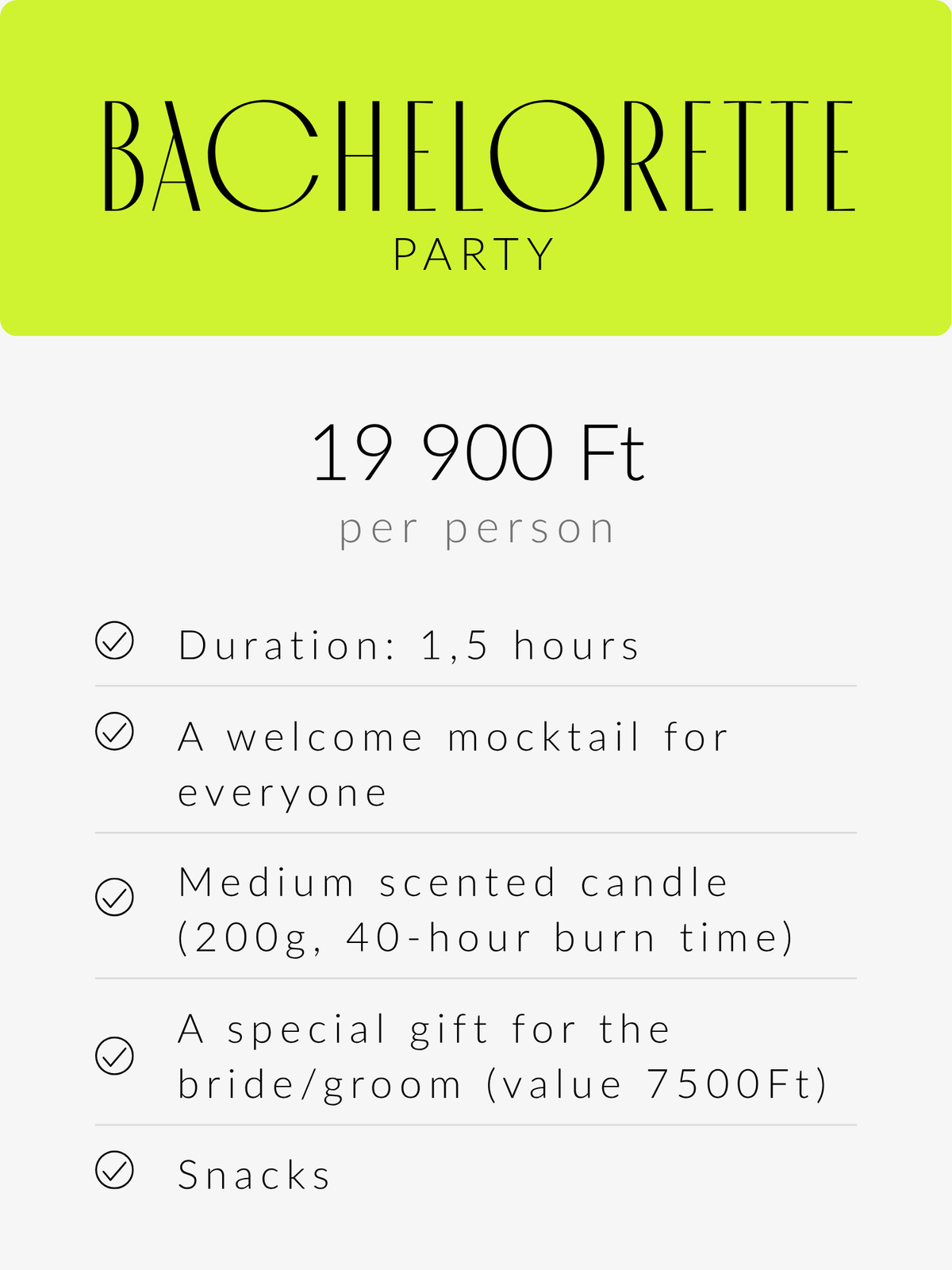 bachelorette party package content and price