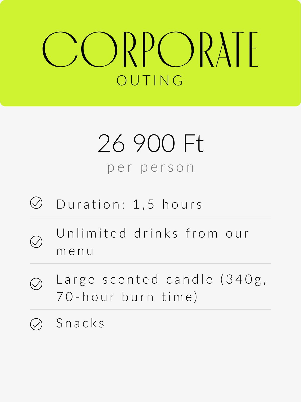 corporate package content and price